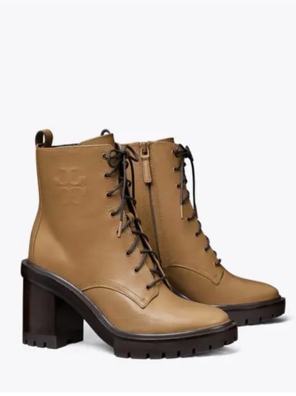 Tory Burch Double T Lug Sole Heeled Boots 95mm in Vachetta Leather 10